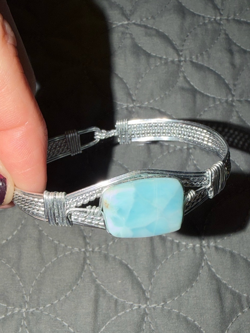 Silver Wire Wrap Bracelet with Light Blue Gemstone. Bought in boutique